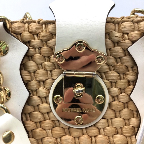 Michael Kors White Leather Santorini Raffia Large Straw Woven Tote Bag. - Picture 13 of 16